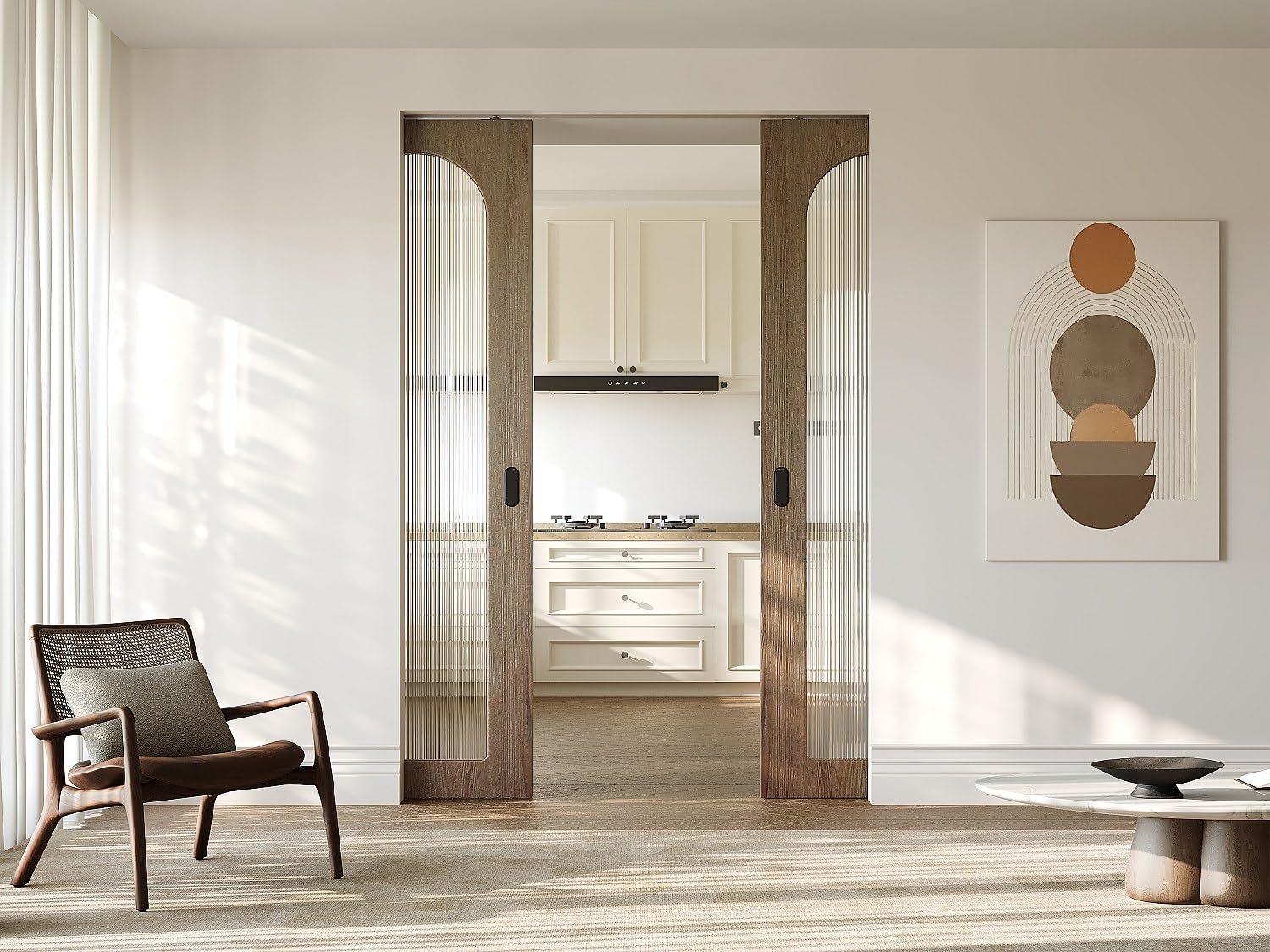 Vente-unique - Puerta corredera doble corredera con sistema de madera y MDF - arco natural claro y vidrio templado estriado - 2 x H205 x 63 cm - ODEZA