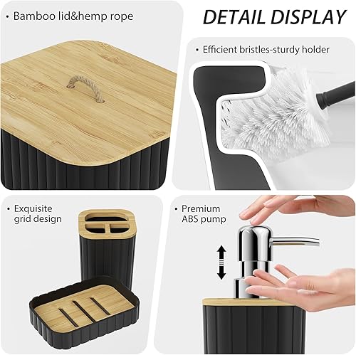 Miniatura 6 de Juego de accesorios de baño, juego de 10 piezas, juego de baño negro, juego de accesorios de baño, cepillo de inodoro, cubo de basura de baño y