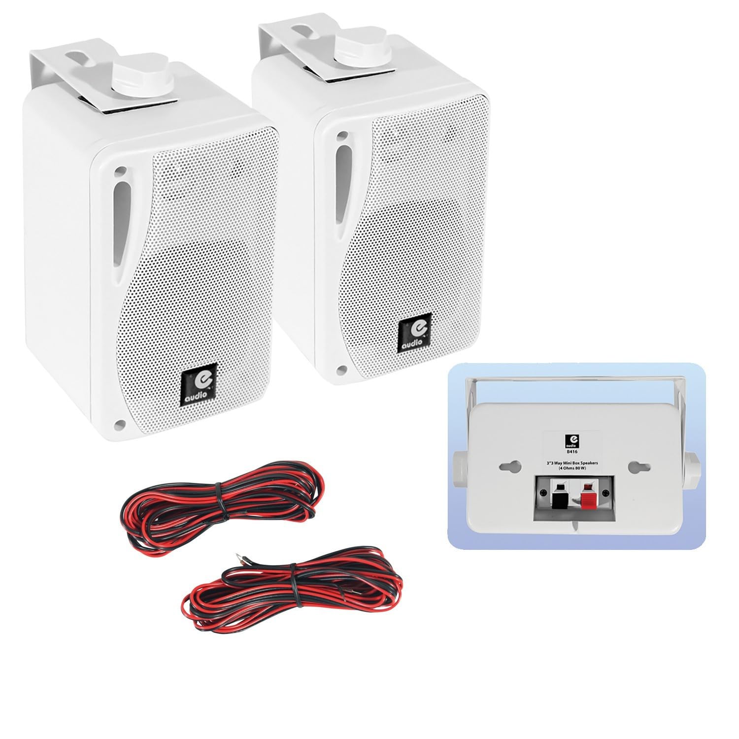 e-audio par de mini altavoces B416 80W blancos de 3 vías con soporte, ideal para uso doméstico o comercial