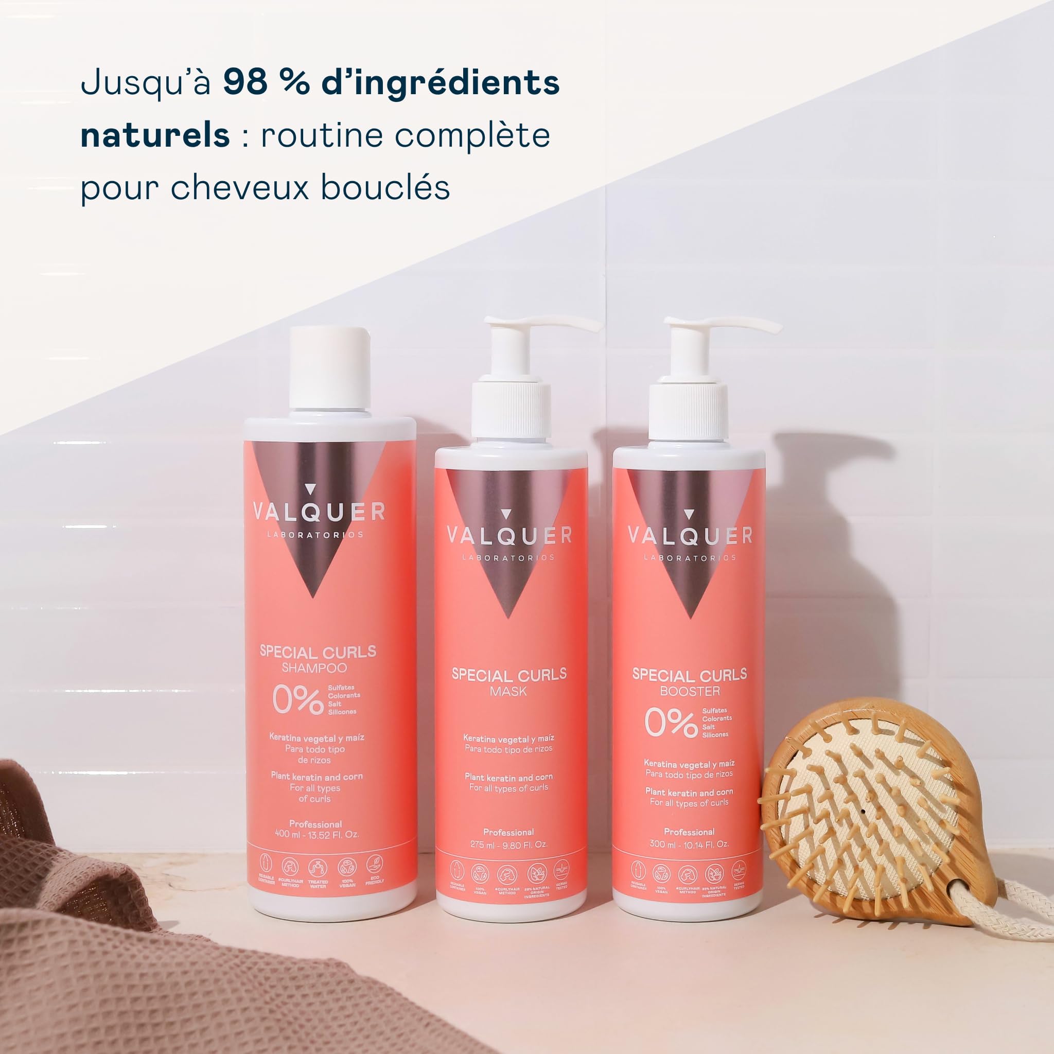Valquer Professional Curly Method Pack Shampooing 400 ml + Masque 290 ml + Booster 300 ml Spécial Boucles, Cheveux Bouclés, Sans Sulfates, Sans Sel. Jusqu'à 96% d'origine naturelle