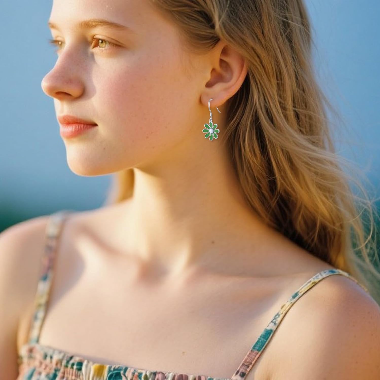 SLUYNZ 925 Sterling Silver Daisy Flower Dangle Drop Earrings for Women Teen Girls Green Flower Drop Earrings Summer Spring - Image 6