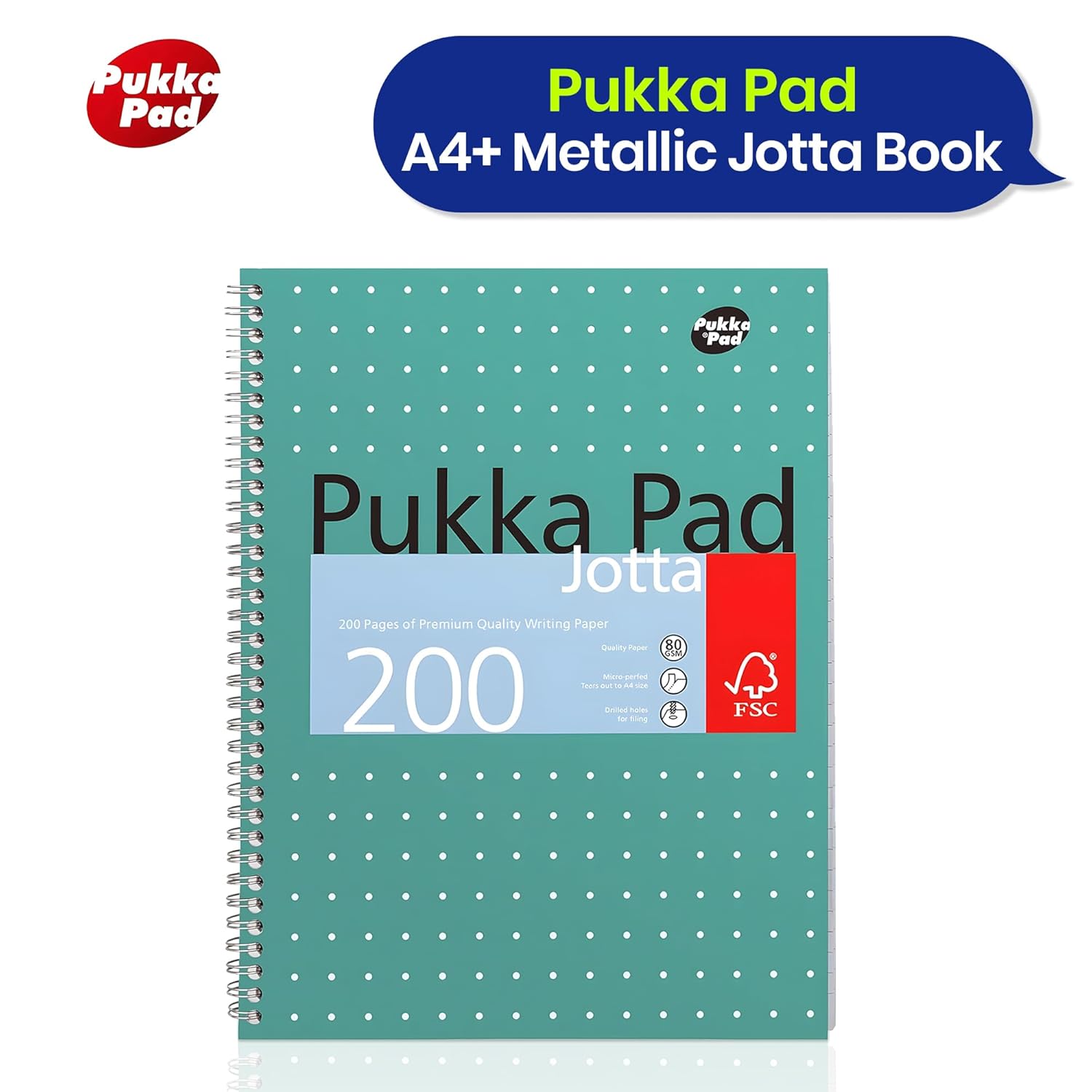 Pukka Pad A4+ Metallic Jotta Notebook 22.5x29.6 cm Wirebound, 80 GSM Paper, 200 Pages, 8mm Lined with 4-Hole Punch Margins, Perforated Edges Notebook for School & Office (Green) (Pack of 30)