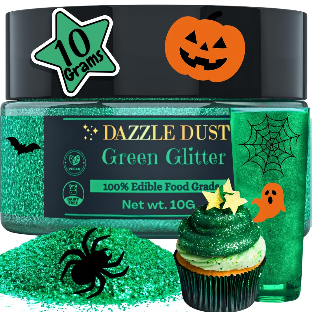 Dazzle Dust Edible Glitter Sprinkles for Cake Decorating, Drinks, Cookie, Icing, Dessert Decorations, Sparkly Luster, Food-Grade, Vegan, Gluten Free, Kosher, Bulk 10g, Green