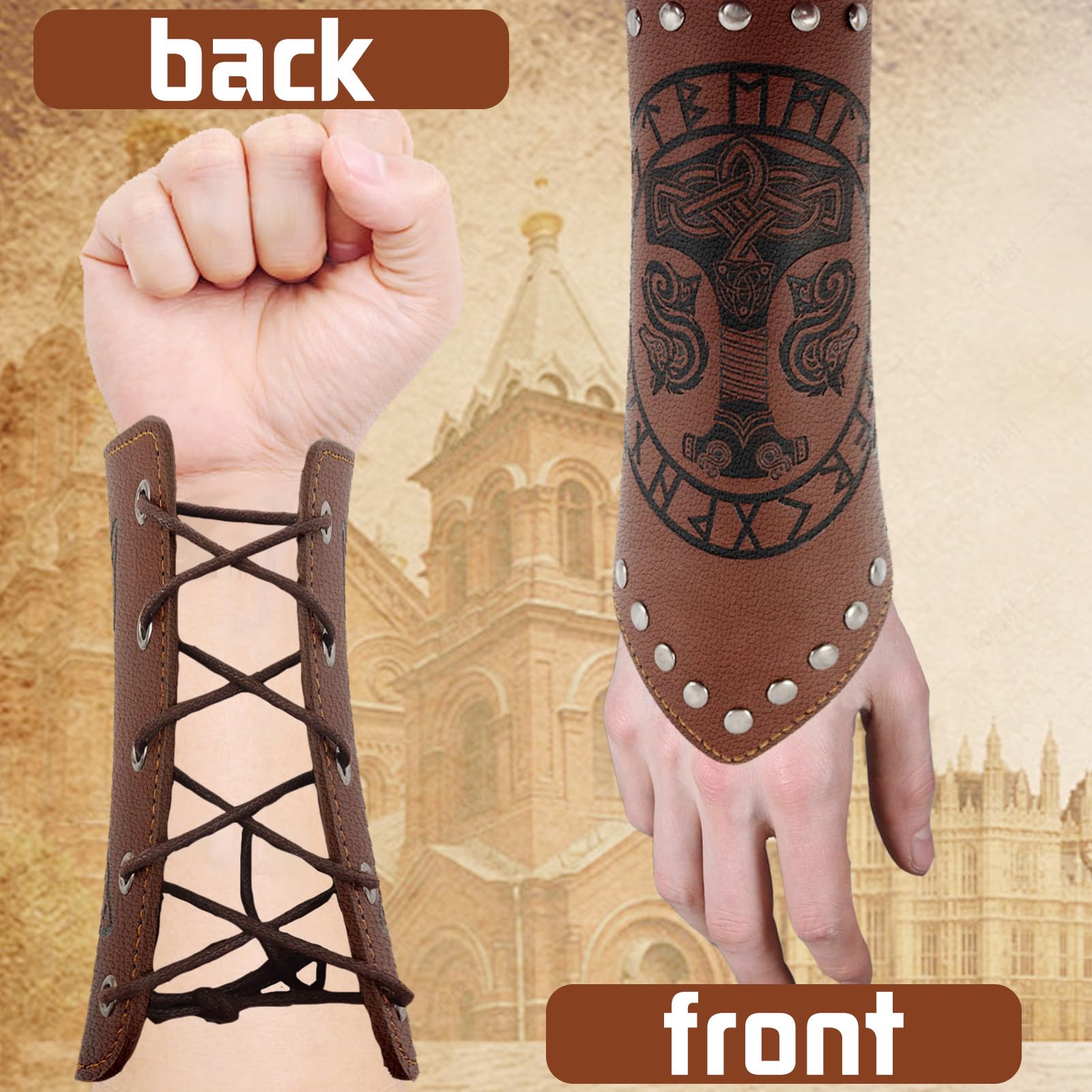 LUKIUP Brassards en Cuir Viking, Protège-bras médiévaux en cuir synthétique pour adultes, Protège-poignets en cuir gaufré, Pour LARP/activités de jeu de rôle - Halloween