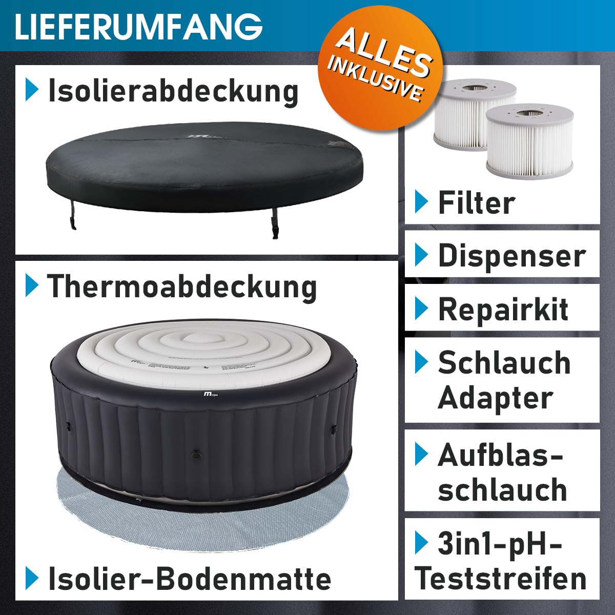 BRAST Whirlpool aufblasbar MSpa Aurora mit LED-Beleuchtung für 6 Personen Ø204x70cm In- Outdoor Pool 138 Massagedüsen Energiespar-Timer Heizung Bubble Wellness Massage