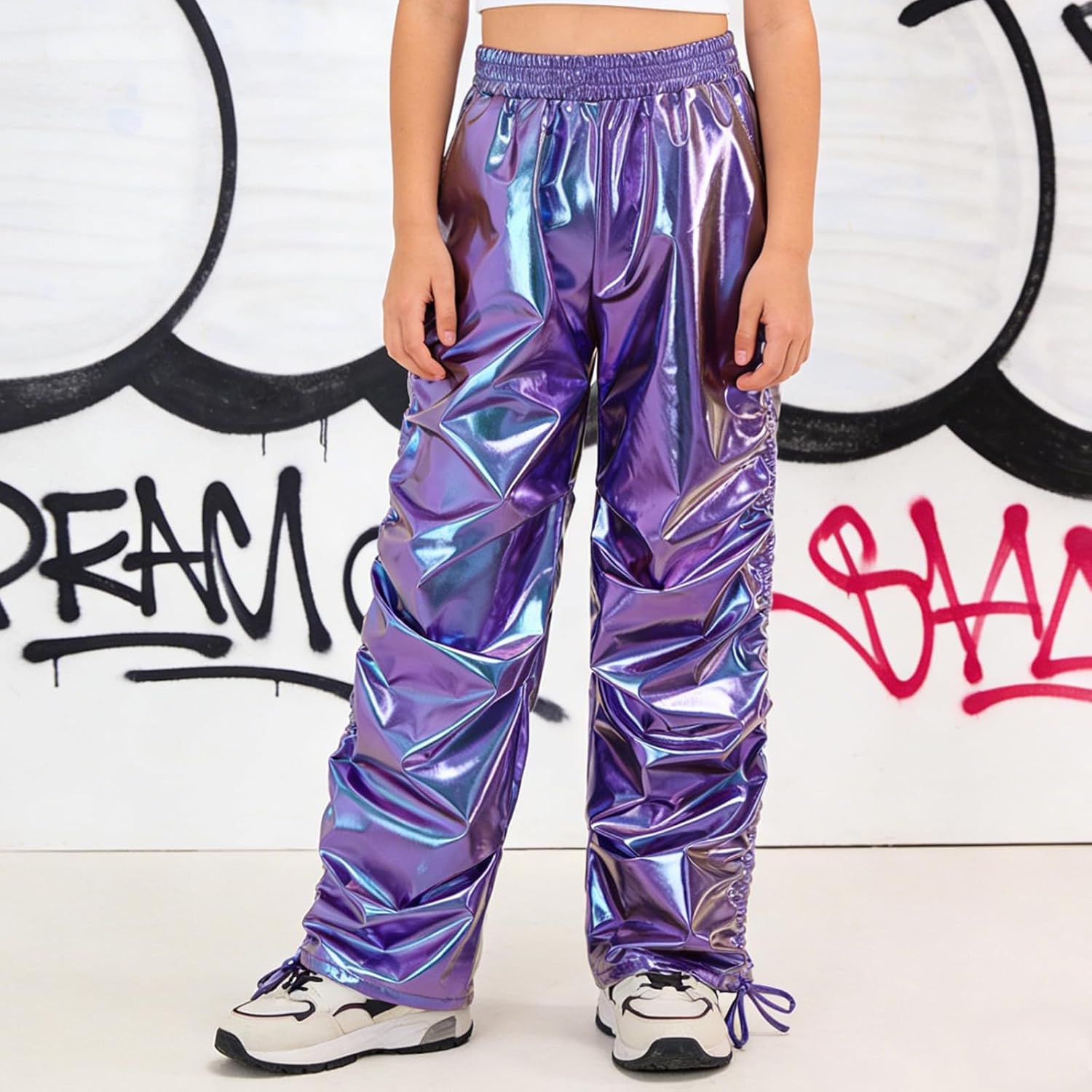 Girls Metallic Dance Pants Streetwear Hip Hop Joggers Competitions Stage Performance Bottoms