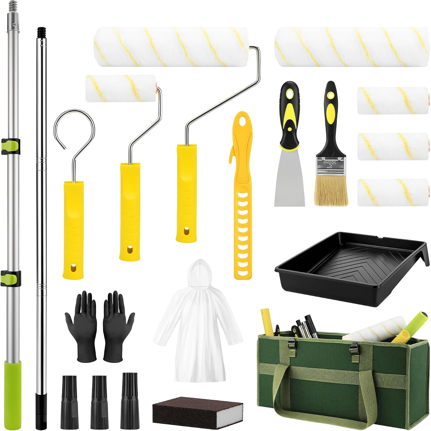 Paint Roller Kit with 2 Extension Poles, Canvas Bag & Disposable Paint Suit, 24PCS Professional Painting Tools, 9"& 4" Rollers, Brushes & Tray for Home & Team Projects