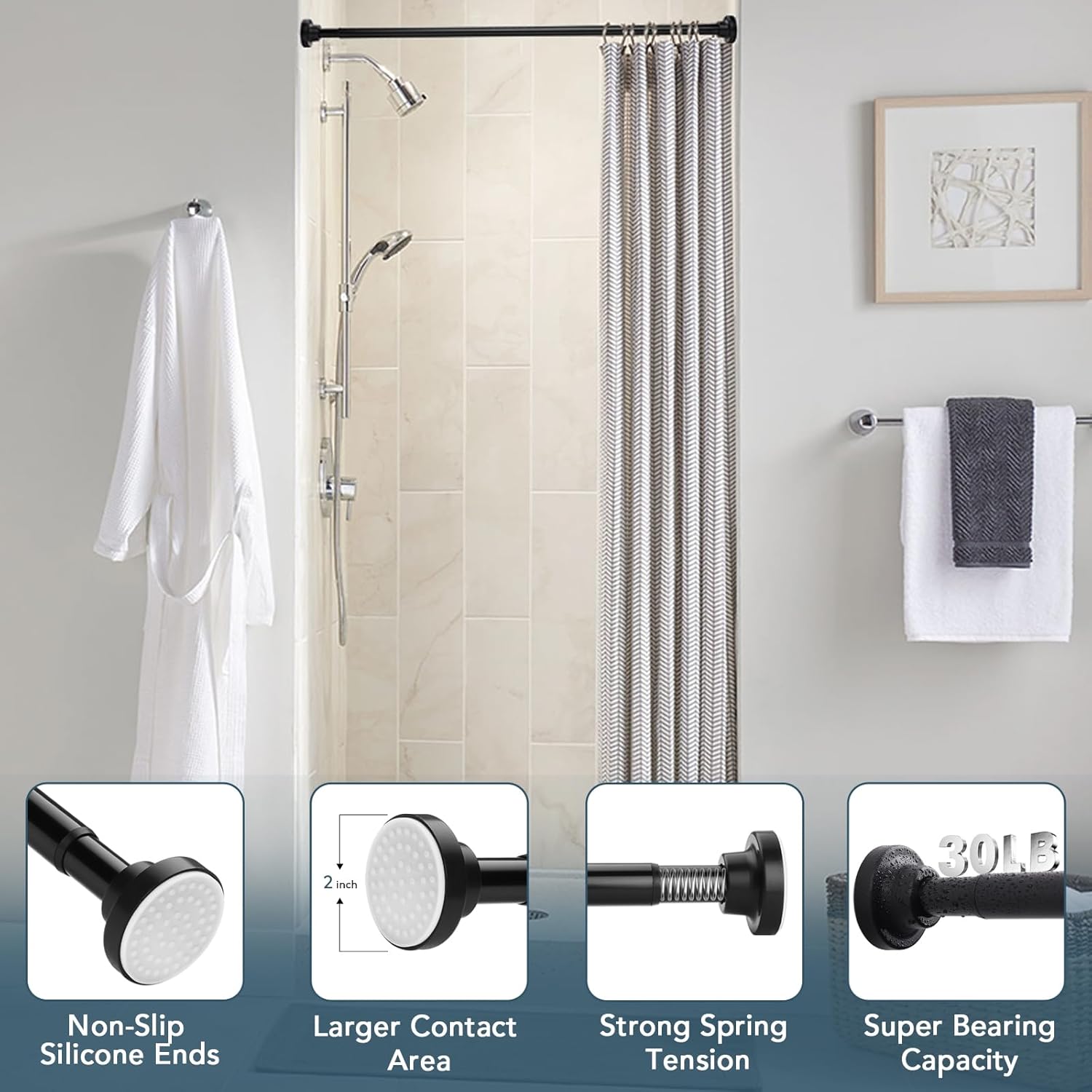 Adjustable Black Shower Curtain Rods 17-67 Inch, No Drill Anti-Rust Non-Slip Heavy Duty Spring Tension Shower Rod, 1" Diameter Drapery Telescoping Curtain Rods for Bathroom