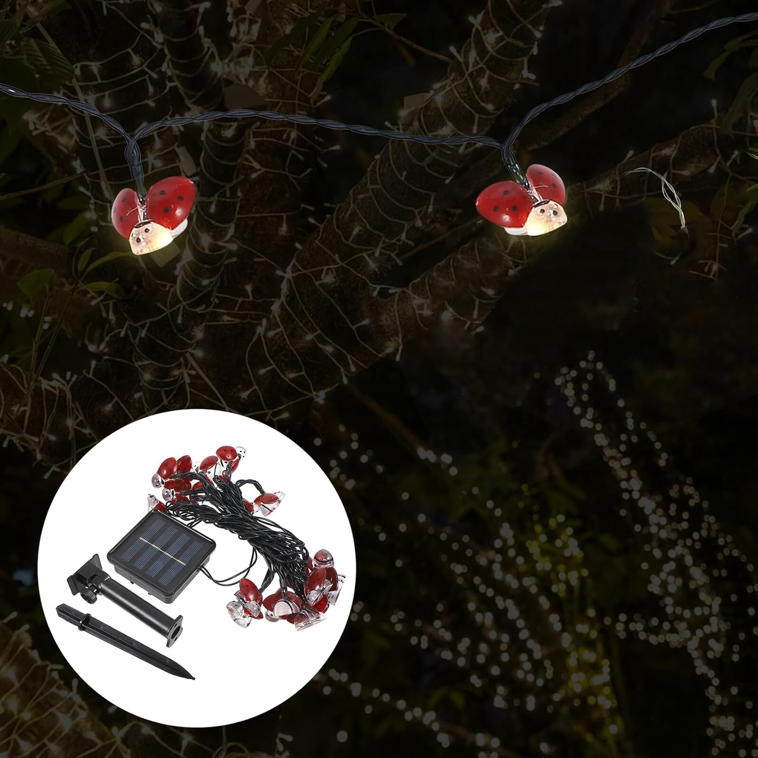 Uonlytech Solar Ladybugs String Lights Outdoor, 20LEDs Waterproof Animal String Light Copper Wire Red Ladybug Fairy Lights for Home Patio Garden Decoration