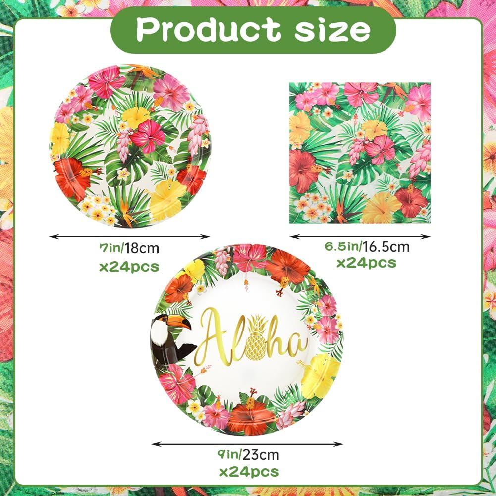 72 PCS Tropical Luau Party Tableware Supplies, 7/9 inch Aloha Hawaiian Disposable Dinnerware Paper Plates with 6.5 inch Napkins, for Summer Pool Birthday Party Beach BBQs image 2