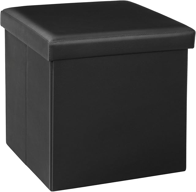 Bonlife Ottomans Storage Boxes,Leather Pouffes and Footstools, Cube Foot Rest Stool Chest Box Black Storage Box with Lid38x38x38cm