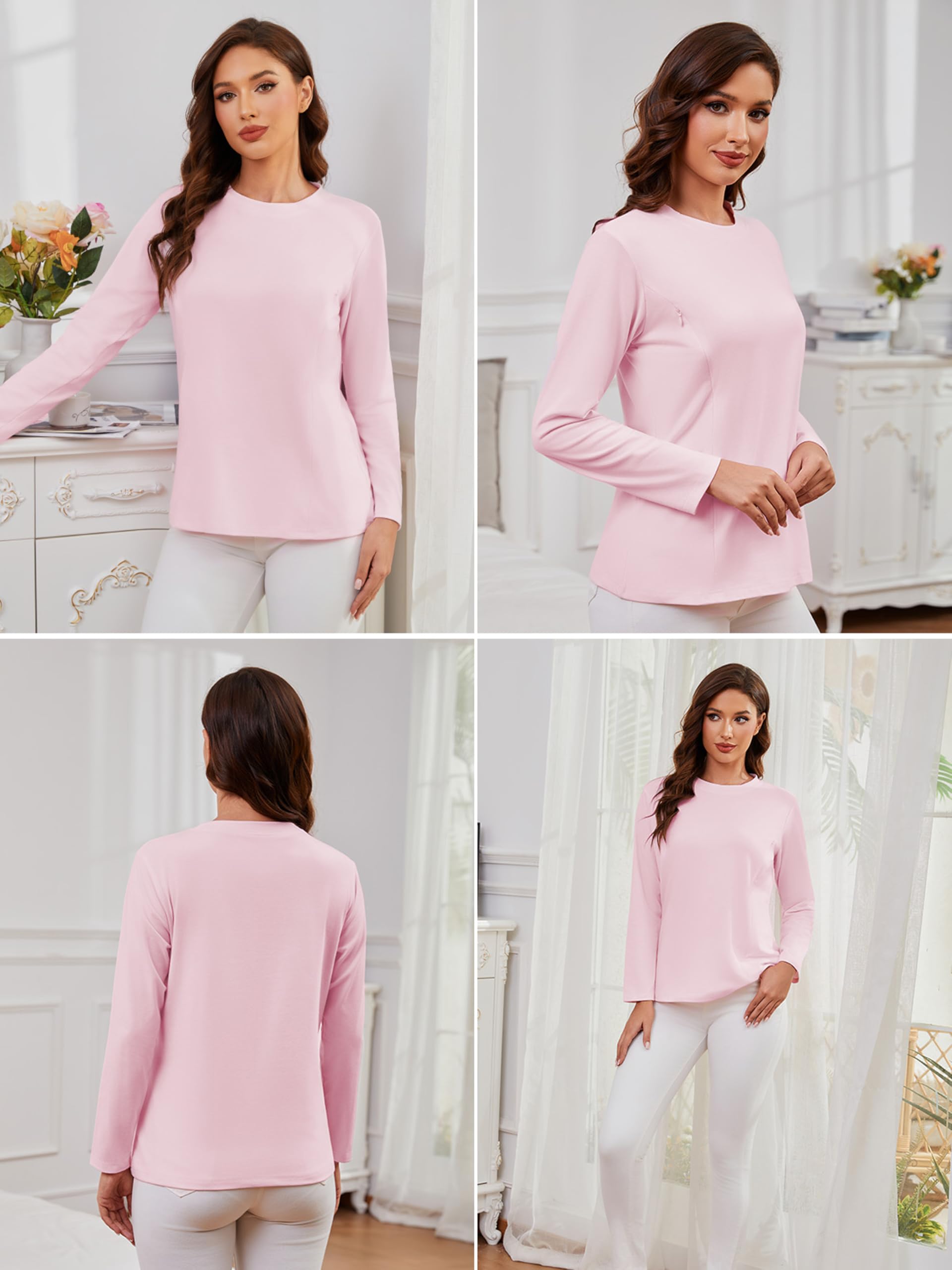 Lot de 3 t-shirts d'allaitement à manches longues pour femme enceinte avec fermeture éclair, blanc, rose et noir, XXL