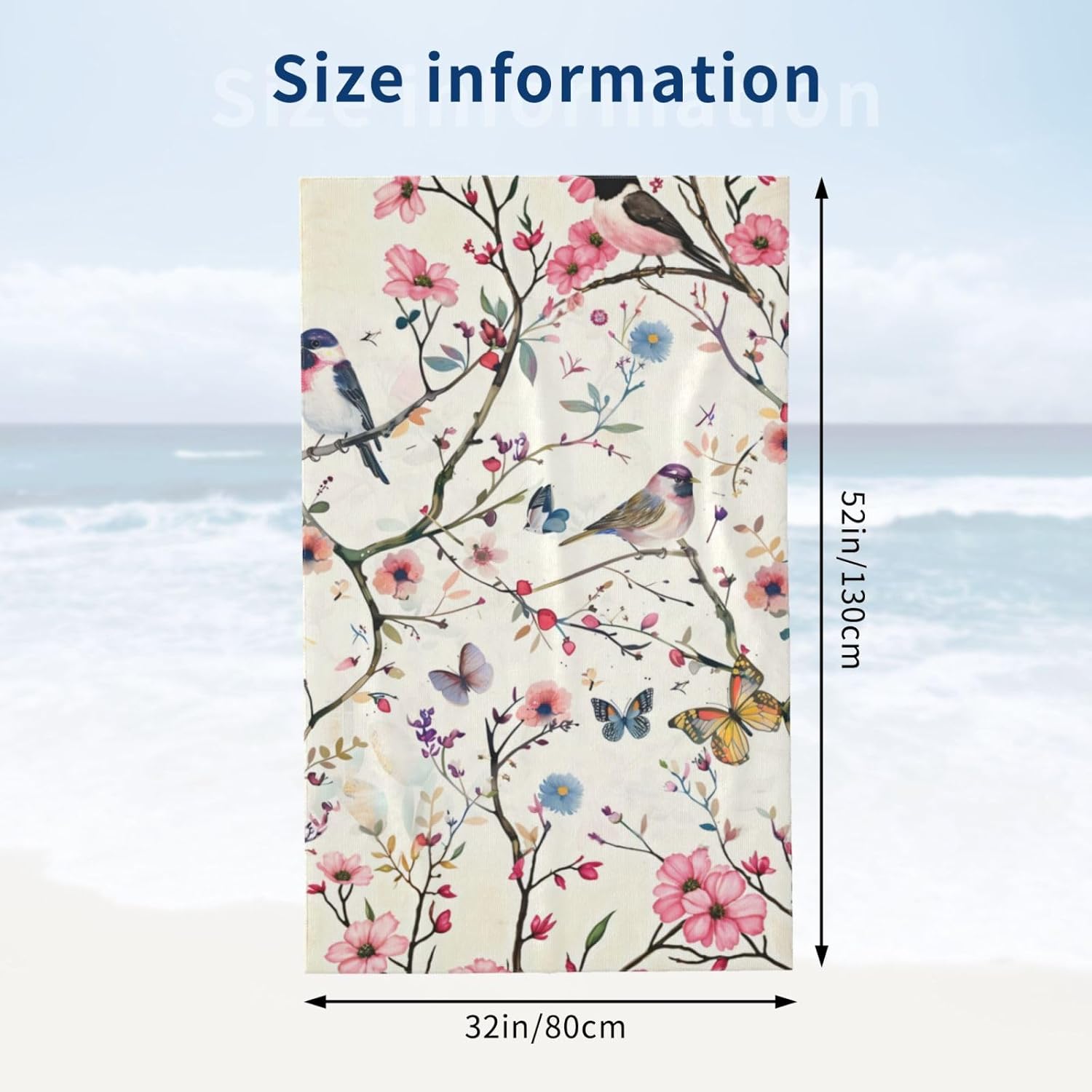 Birds and Blossoms Beach Towel 31inx51in, Colorful Spring Sand-Free Microfiber Bath Towel Ultra Soft Quick Dry Pool Towel Absorbent Towel Lightweight Towel for Swimming Bathroom Decor