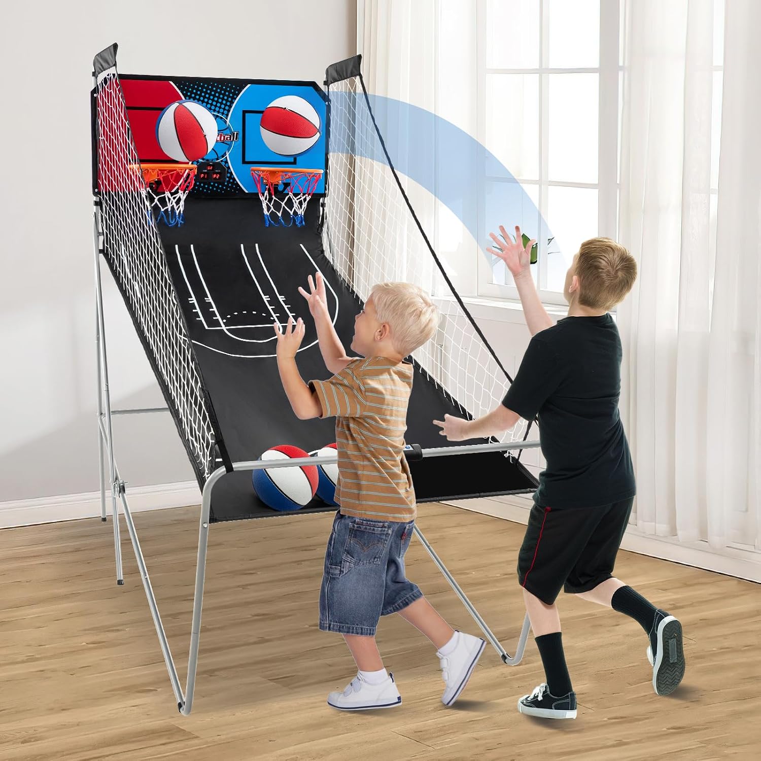 KOTEK Basketball Arcade Game Indoor, Foldable Dual Shot Electronic Basketball Games for 2 Players w/8 Game Options & LED Scoring System, Basketball Hoop Arcade for Family Home Play (Blue/Red)