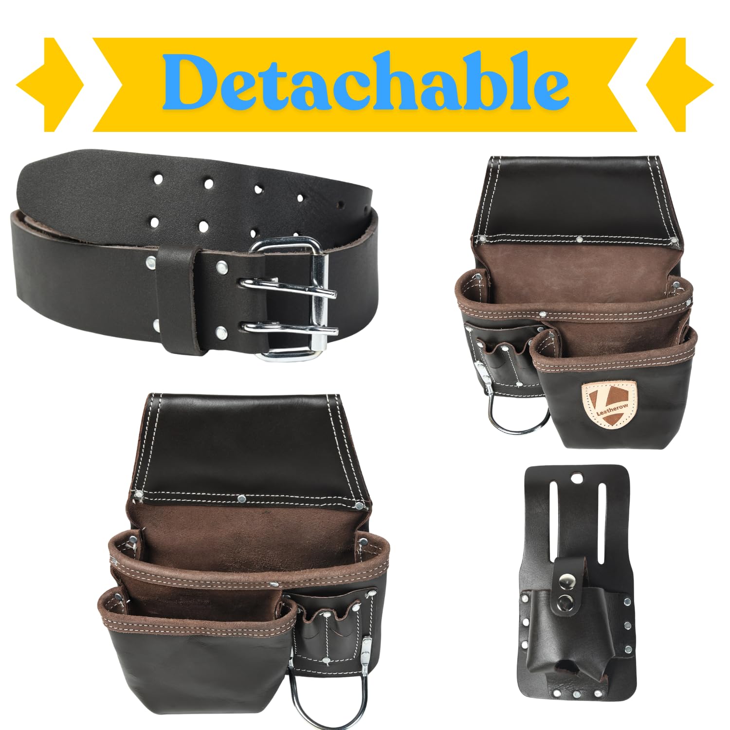 Cinturón de herramientas de cuero de grano completo resistente para electricistas, equipo de trabajo de construcción multibolsa con clip para llaves, cinturón de carpintero duradero para hombres
