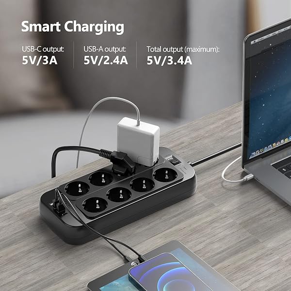JSVER Regleta Enchufes USB, Proteccion Sobretension con 8 Toma de Corriente y 4 Puertos(5V3,4A) Estación de Carga Inteligente Tomas Alargadora con Cable 1.8m-Negro - 3
