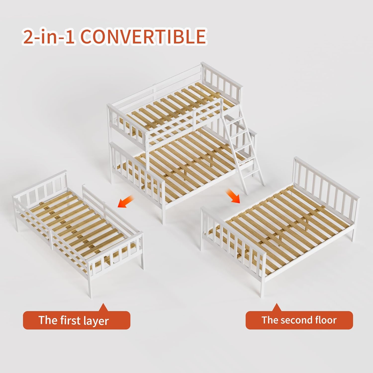 JOYMOR Convertible Twin Over Full Bunk Bed for Kids Children Teens Adults, Solid Wood Bunk Bed Frame with Ladder and Guard Rail Space Saving Beds Frames for Bedroom (Mattress not Included)