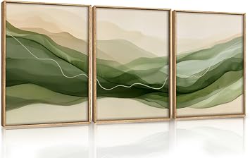 ANHUIB Abstract Framed Canvas Wall Art Set of 3 Ink Minimalist Green Beige Wall Decor Watercolor Modern Neutral Lines Artwork for Living Room Dining Room Bedroom Hallway Office Decoration 30x40cm