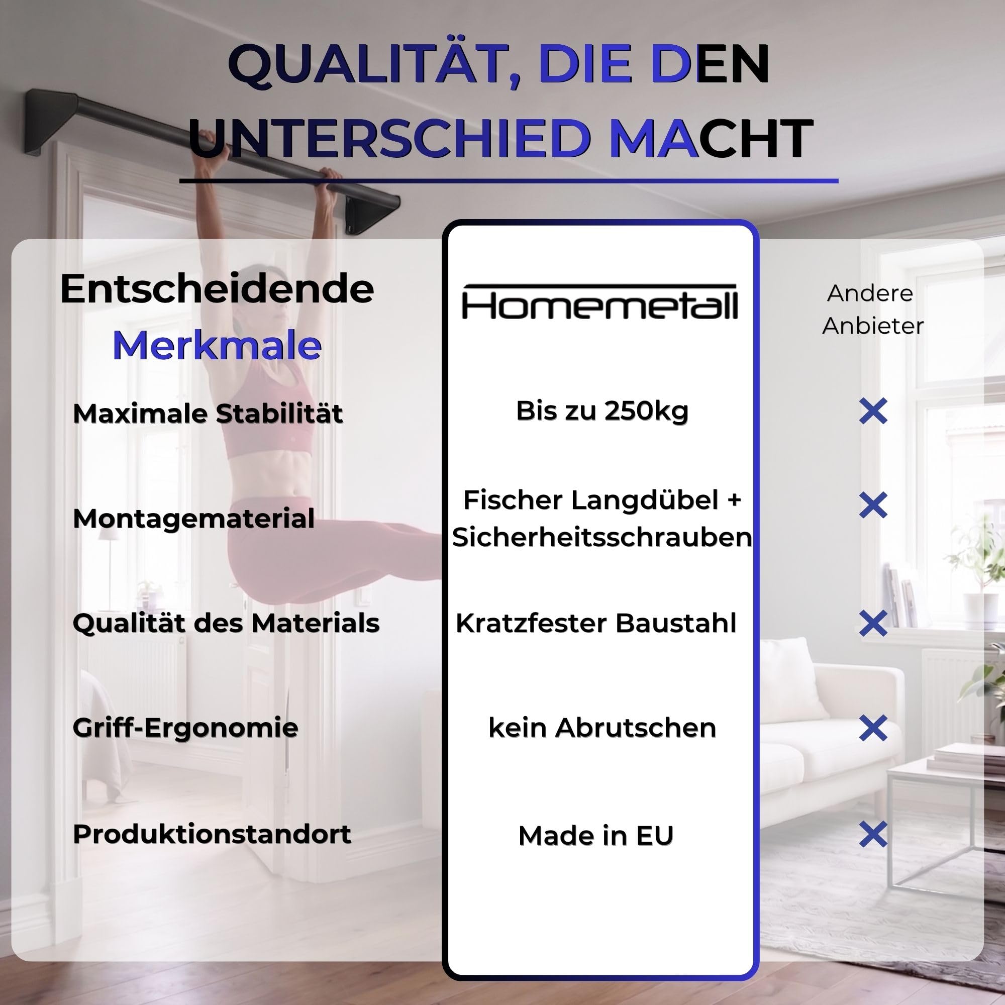 Klimmzugstange, Pull Up Bar über Türrahmen & Balken - robustes Material pulverbeschichtet - Belastbar bis 500 kg - inkl. Montagematerial