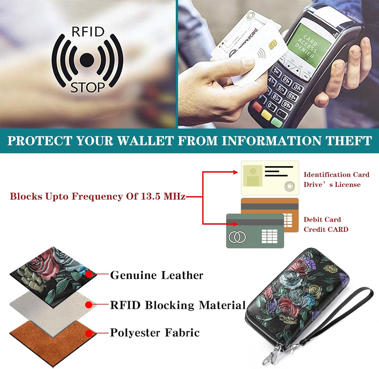 GOIACII Women's Wallet Large Capacity Double Zip Ladies Card Phone Holder RFID Blocking Wristlet Leather - Image 6