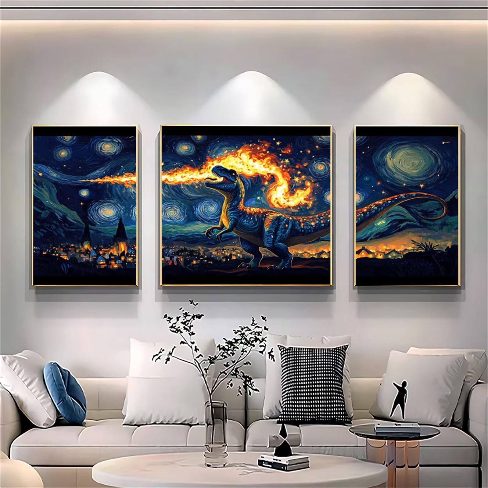 Malowanie według liczb, marzenie, malowanie według liczb, dla dorosłych, 3 sztuki, dinozaury "zrób to sam", 80 x 160 cm, malowanie liczbami, dla dorosłych, z pędzlami i farbą akrylową, zestaw do