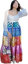 Mogul Interior Women's Blue Patchwork Maxi Skirt – Handmade Boho Beach Cover-Up, Flowy Summer Skirt S/M/L