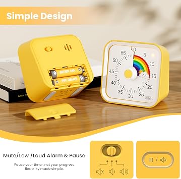 Visual Timer for Kids with Pause Function, Cute Silent Timer with Rainbow for Classroom, Teaching, Task, 60 Minute Countdown Time Management for ADHD (Rainbow Yellow)