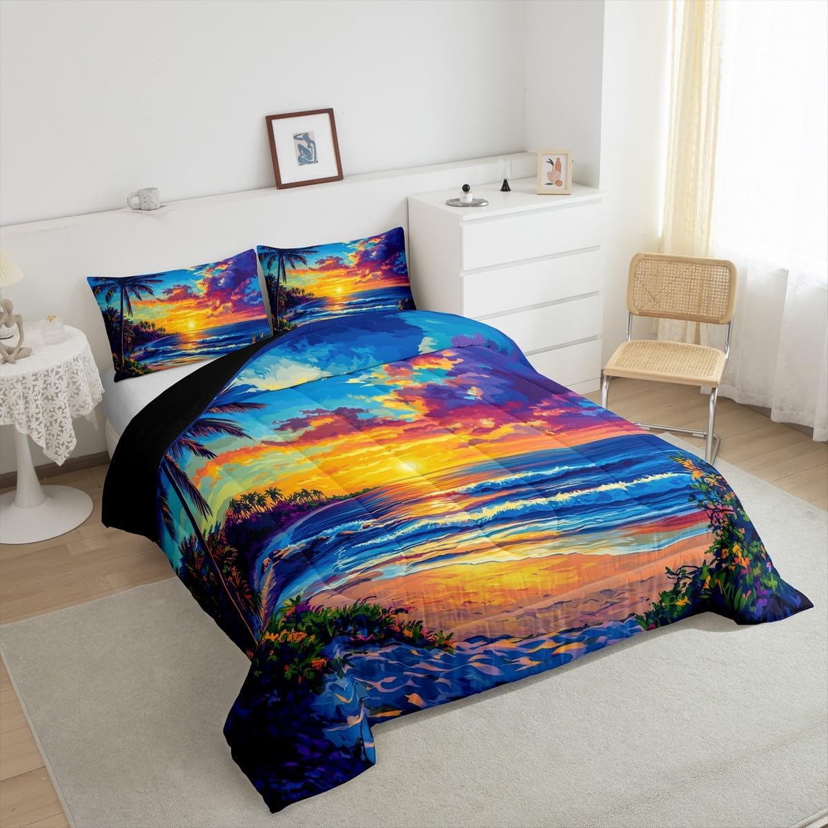 Feelyou Beautiful Scene Comforter Set Queen Size Sea Comforter for Boys Girls Teens Sunset Bedding Set Cocoanut Duvet Set Room Decor Ocean Blue Quilt Set