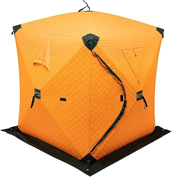 Portable Ice Fishing Tent, 3 Person Shelter with Windproof Fabric Strips, Protect Against Water/Cold Wind, 35 Square Feet Insulated Area for Winter Fishing - Orange