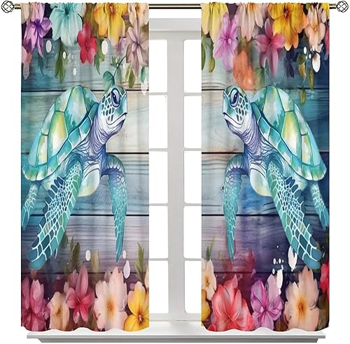 Miniatura 8 de Cortina opaca de madera rústica con estampado de tortugas marinas, con bolsillo para barra, para dormitorio, sala de estar, 42 x 45 pulgadas