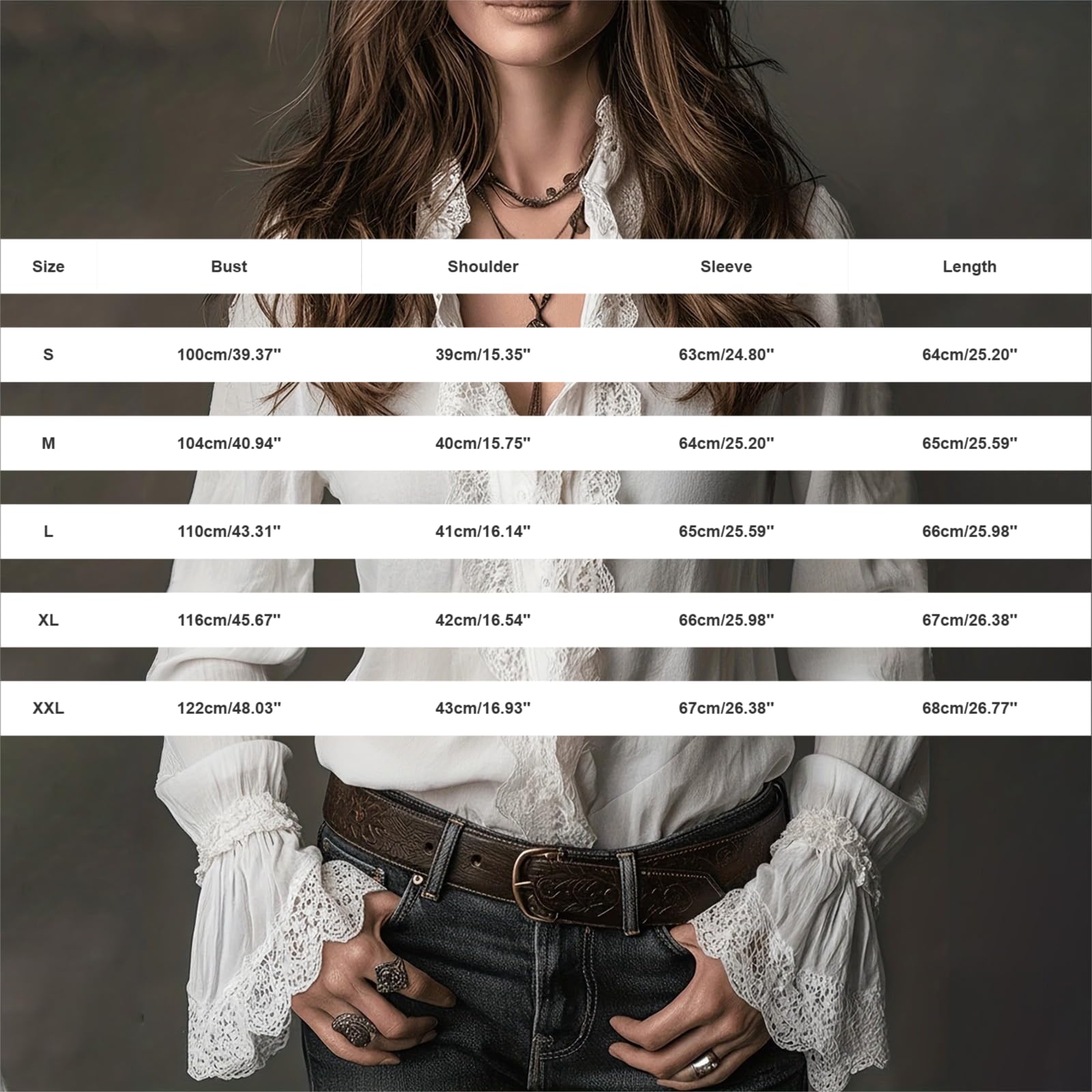 T-shirt blanc élégant en dentelle pour femme - T-shirt en coton à manches longues élégante avec col en V et dentelle - Modèle avec inserts