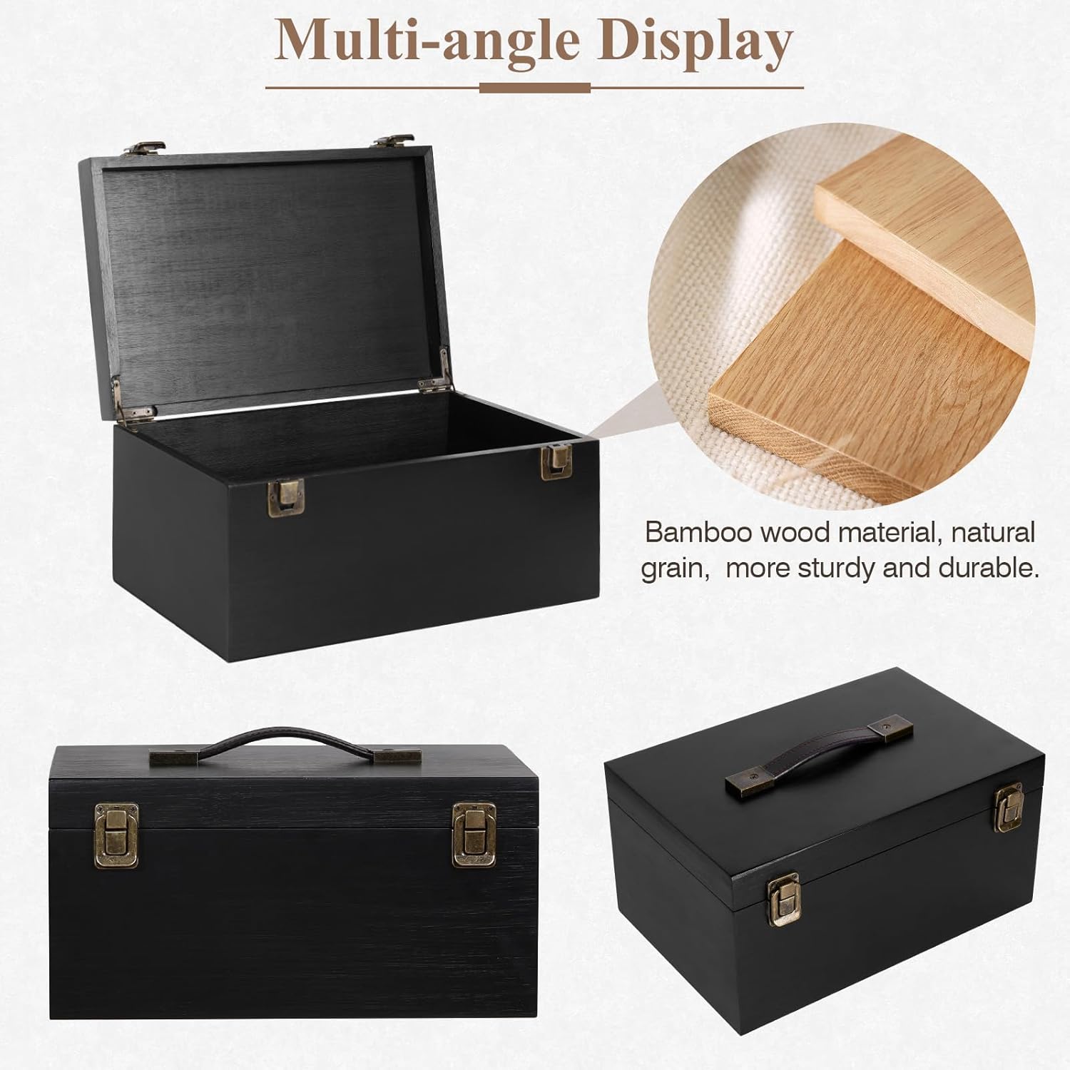 ANMINY Wooden Keepsake Memory Box with Lid Bamboo Wood Storage Box with Hinged Lid & PU Leather Handles Large Decorative Wooden Chest Box for Crafts Stash Gifts - Black, 11.8" L x 7.8" W x 5.9" H