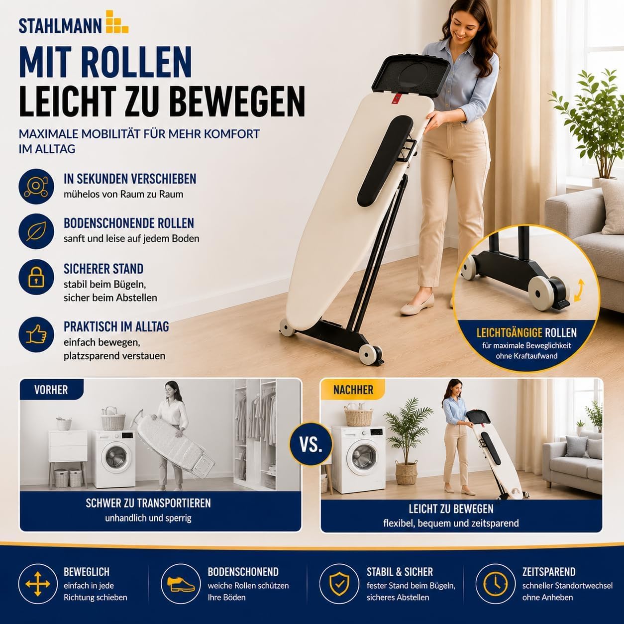STAHLMANN® Bügelbrett für Dampfbügelstation [132x46] Ärmelbrett + Rollen | Dampfbügelstation-Bügelbrett 132 x 46 cm | Ärmelbrett | Rollen | 60-90 cm | Made in Europe