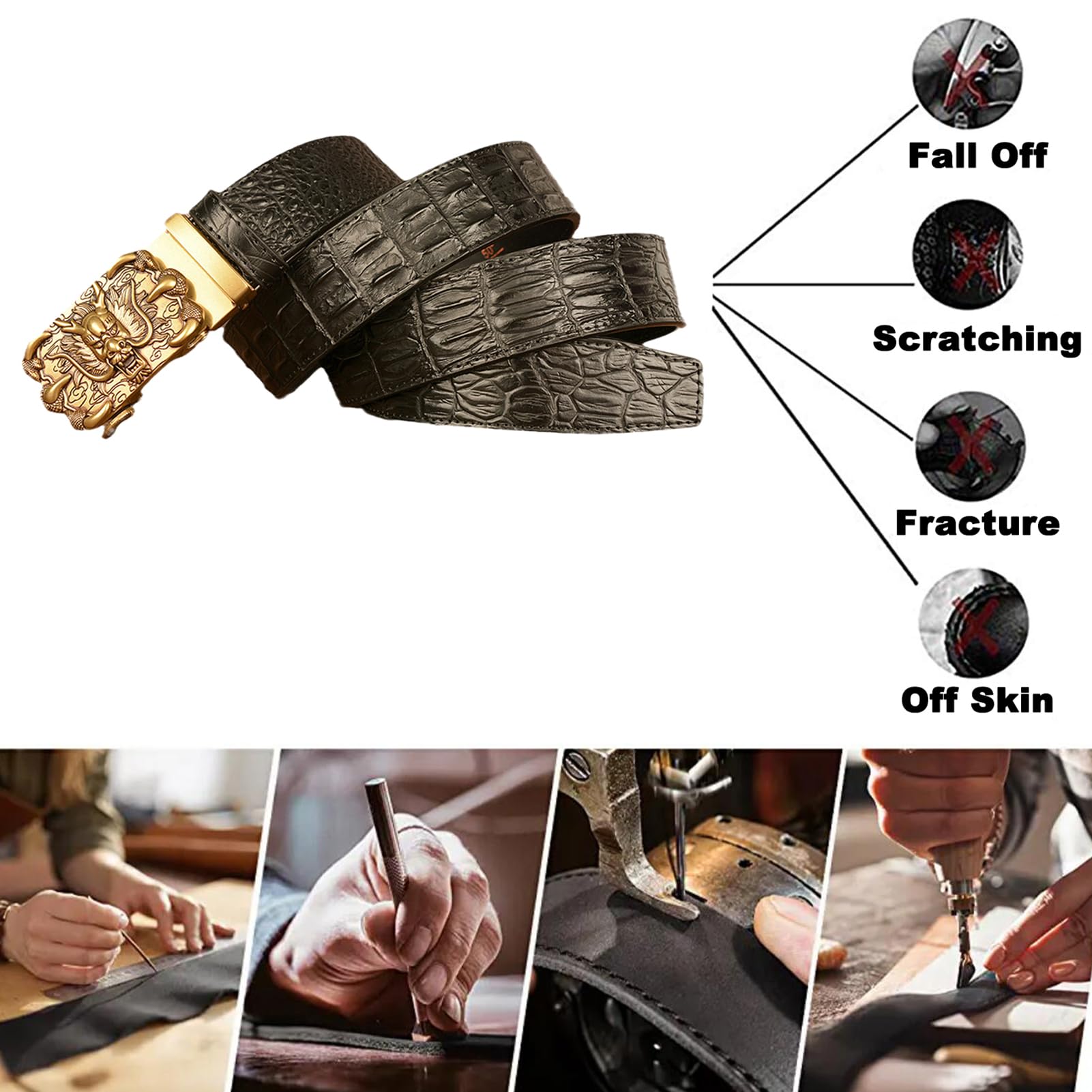 Cinturón De Trinquete Deslizante Cuero En Relieve Cocodrilo, Hebilla Automática Grabada Con Dragón, Cintura Ajustable 115 Cm/39 Pulgadas, Moda Clásico Marrón