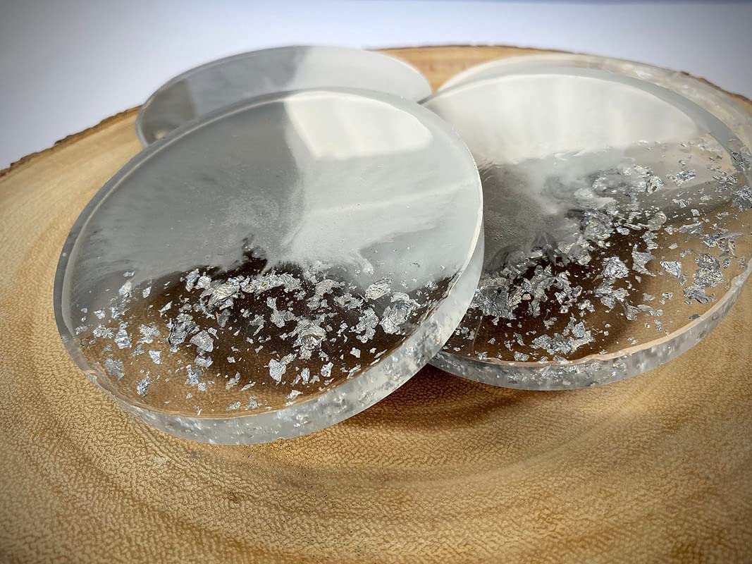 Buy Handmade Grey, White & Silver Round Resin Coasters Coasters, Resin
