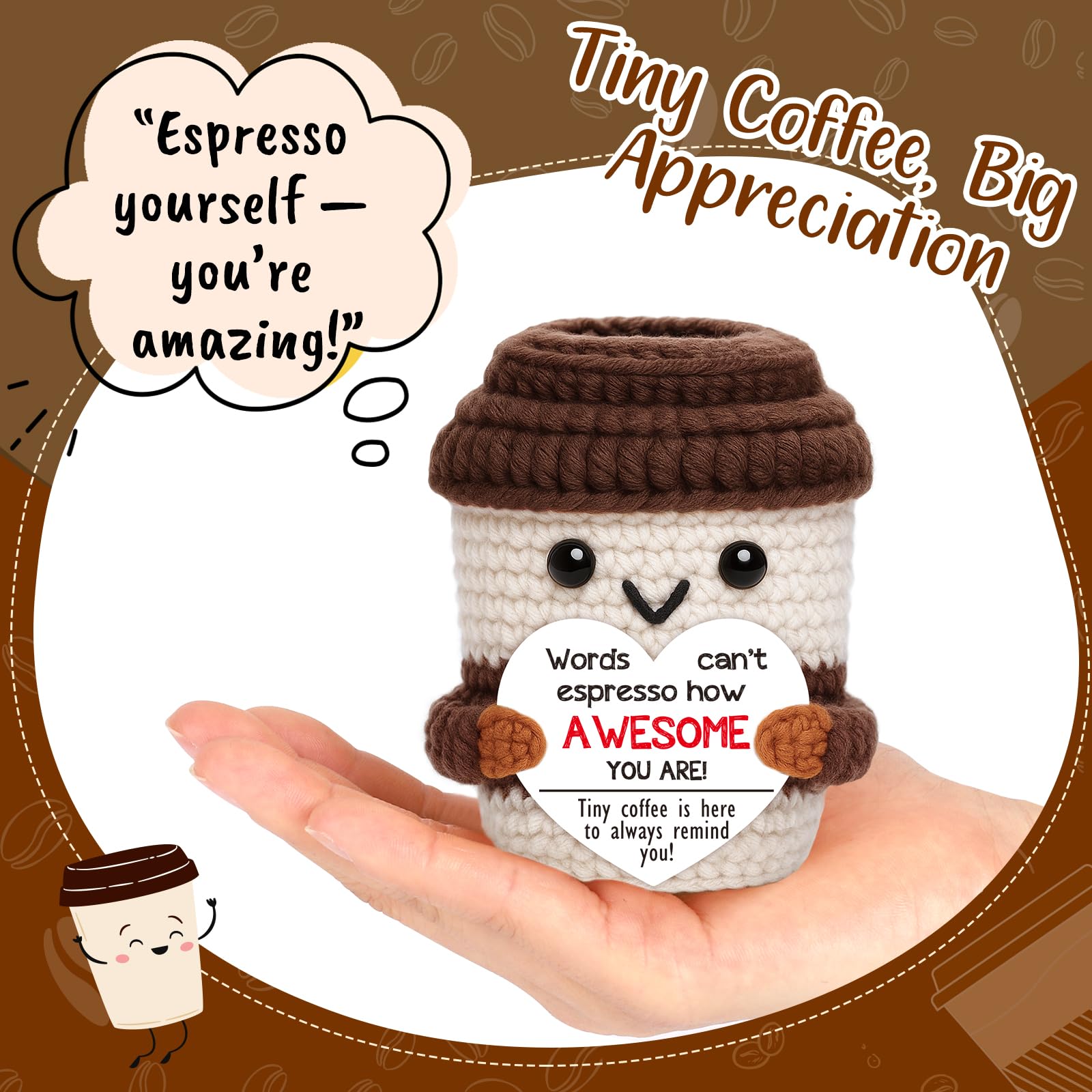 OCCdesign Mini Birthday Inspirational Gifts for Women Men Cheer Up Support Handmade Crochet Coffee Gift for Coworkers Friend Teachers Nurses Stress Relief Mental Health Self Care Office Gift
