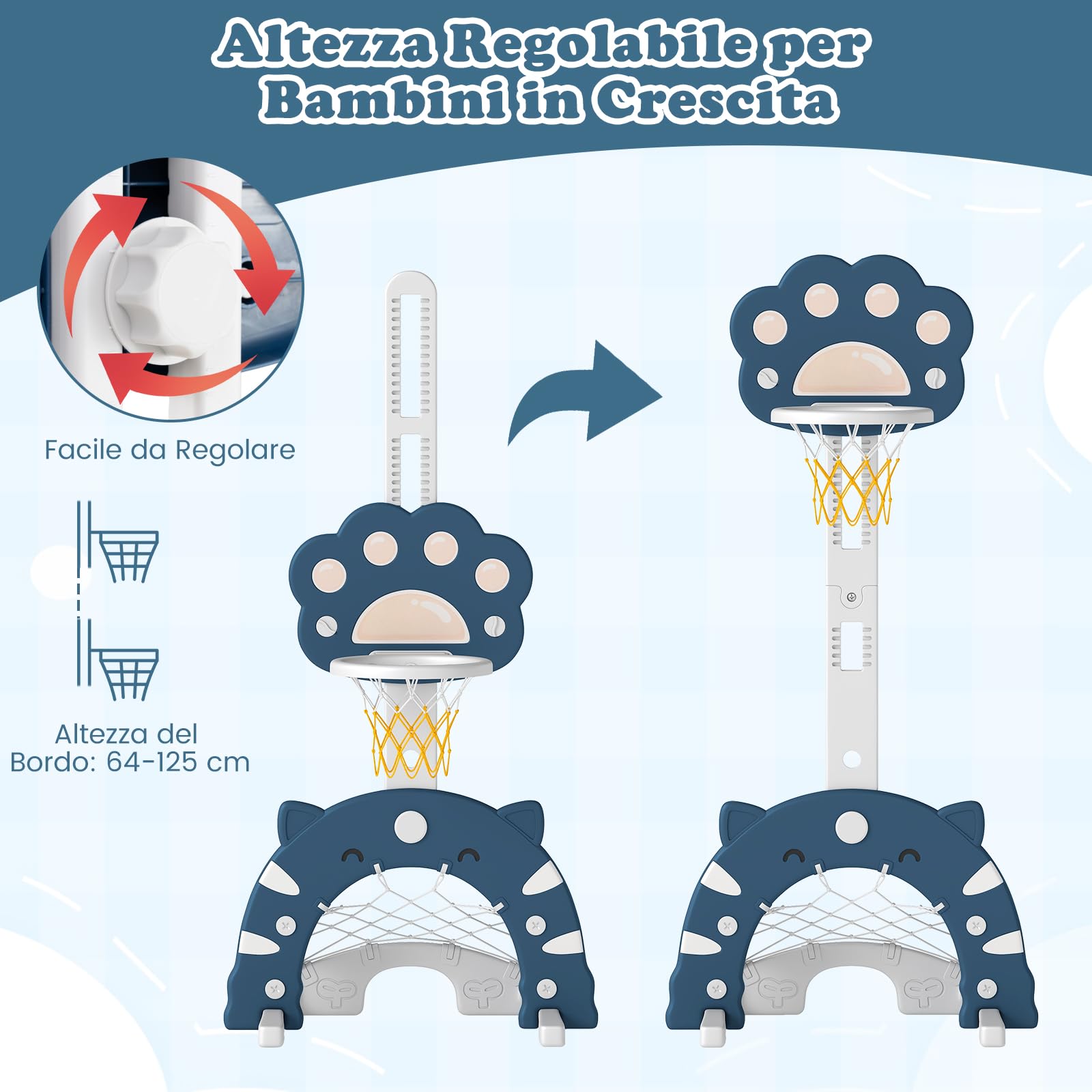 RELAX4LIFE Canestro da Basket 3 in 1 Regolabile in Altezza per Bambini, Pieghevole e Smontabile con Giochi di Calcio e Golf, Centro Sportivo per Bambini dai 3 Anni in Su (BLU)