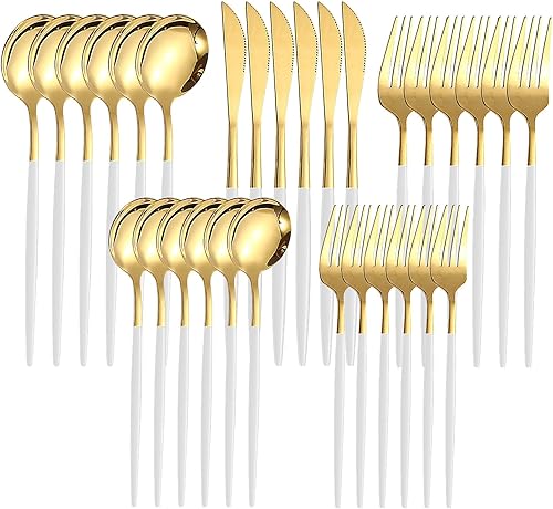 Kawlity Cubiertos de acero inoxidable duraderos de color blanco y dorado, cuchillos pulidos, cuchara, tenedores, 30 piezas, vajilla de cena, para