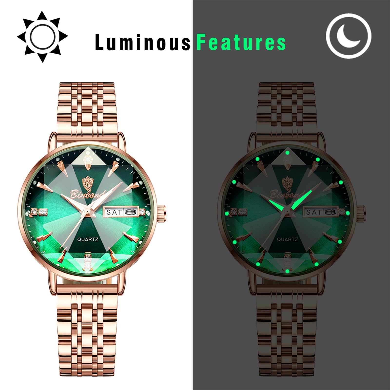 JewelryWe Zegarek damski ze stali nierdzewnej, świecący zegarek: 2 sztuki, 30, wodoszczelny, analogowy, kwarcowy, damski, różowe złoto, stal szlachetna, luksusowy zegarek z fasetowanym szkłem