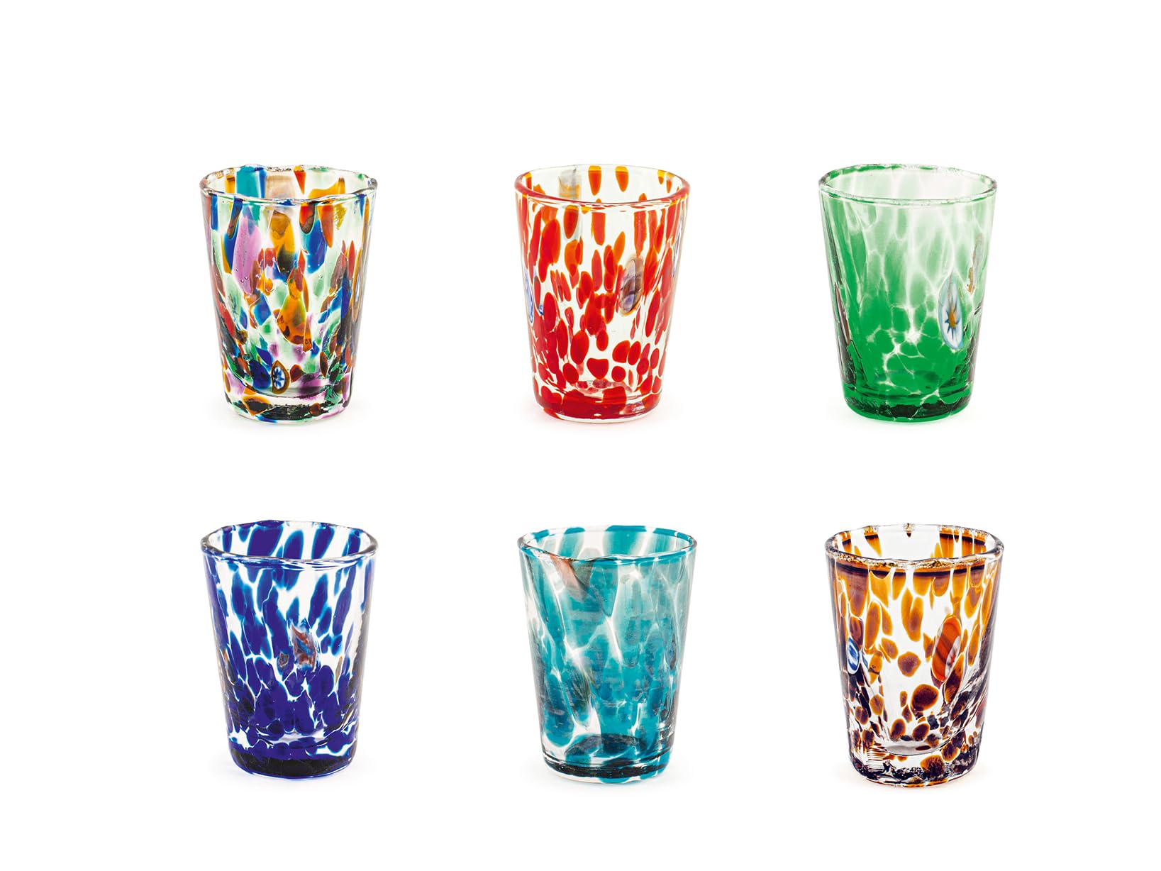 H&H Veneziano Set of 6 Glass Glasses, Multicoloured, cl 5, Made According to The Murano Masters Technique, Hand Made in Italy