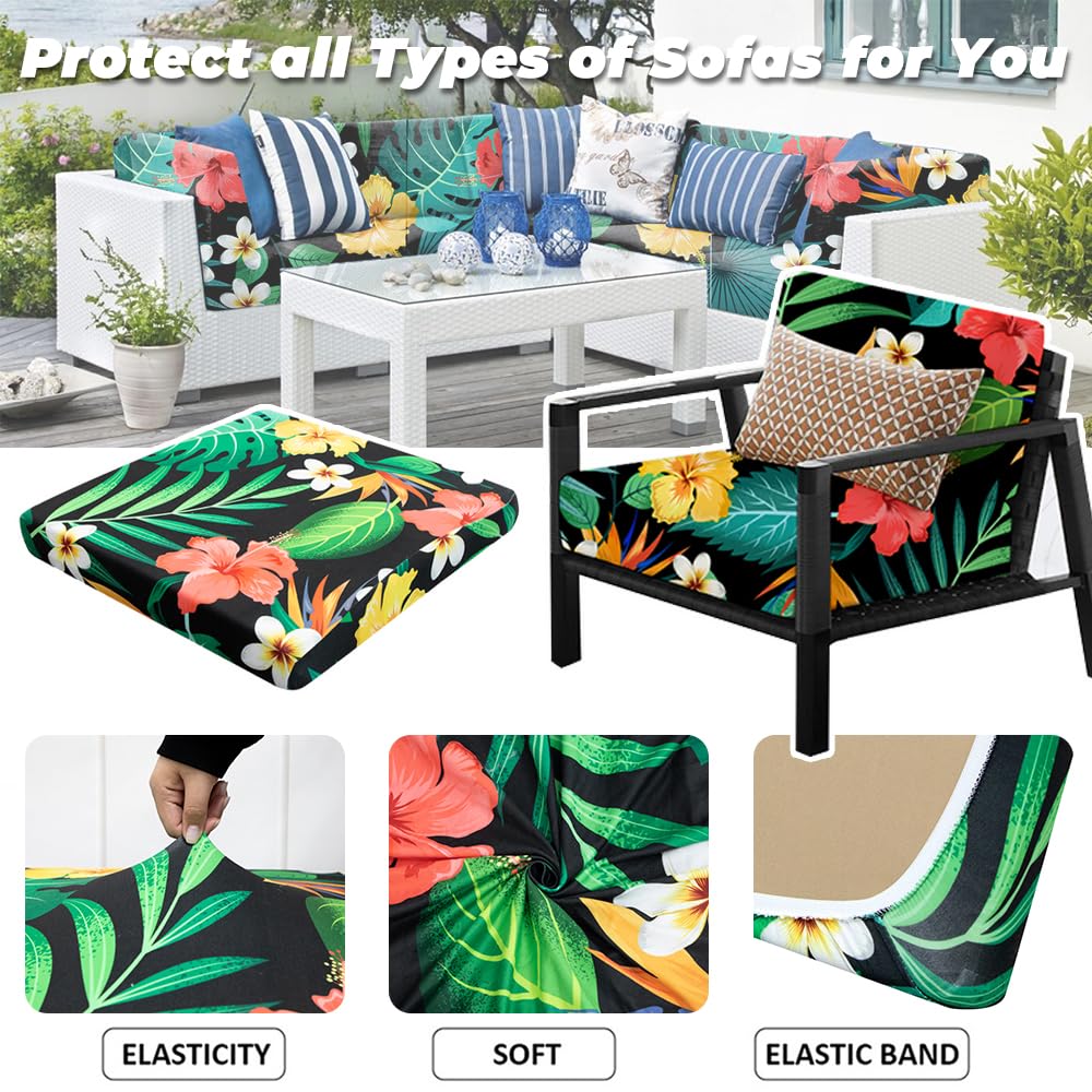 Hiseng Housses de Coussin d'extérieur Remplacement Imprimé Fleurs Feuilles Tropicales Extensible Housses de Coussin de Siège Canapé pour Salon de Jardin, Meubles de Terrasse (Style 5,8 pièces)