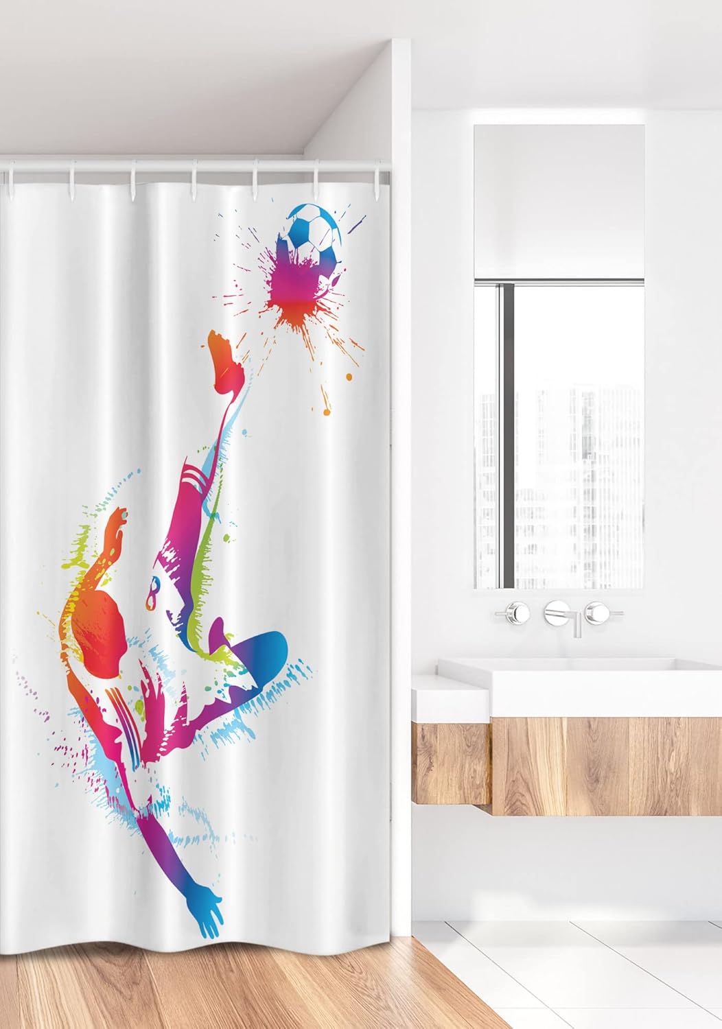 Ambesonne Soccer Stall Shower Curtain, Soccer Man Kicks The Ball in The Air Watercolors Success Energy Feet Illustration, Fabric Bathroom Decor Set with Hooks, 36" W x 72" L, White Multicolor