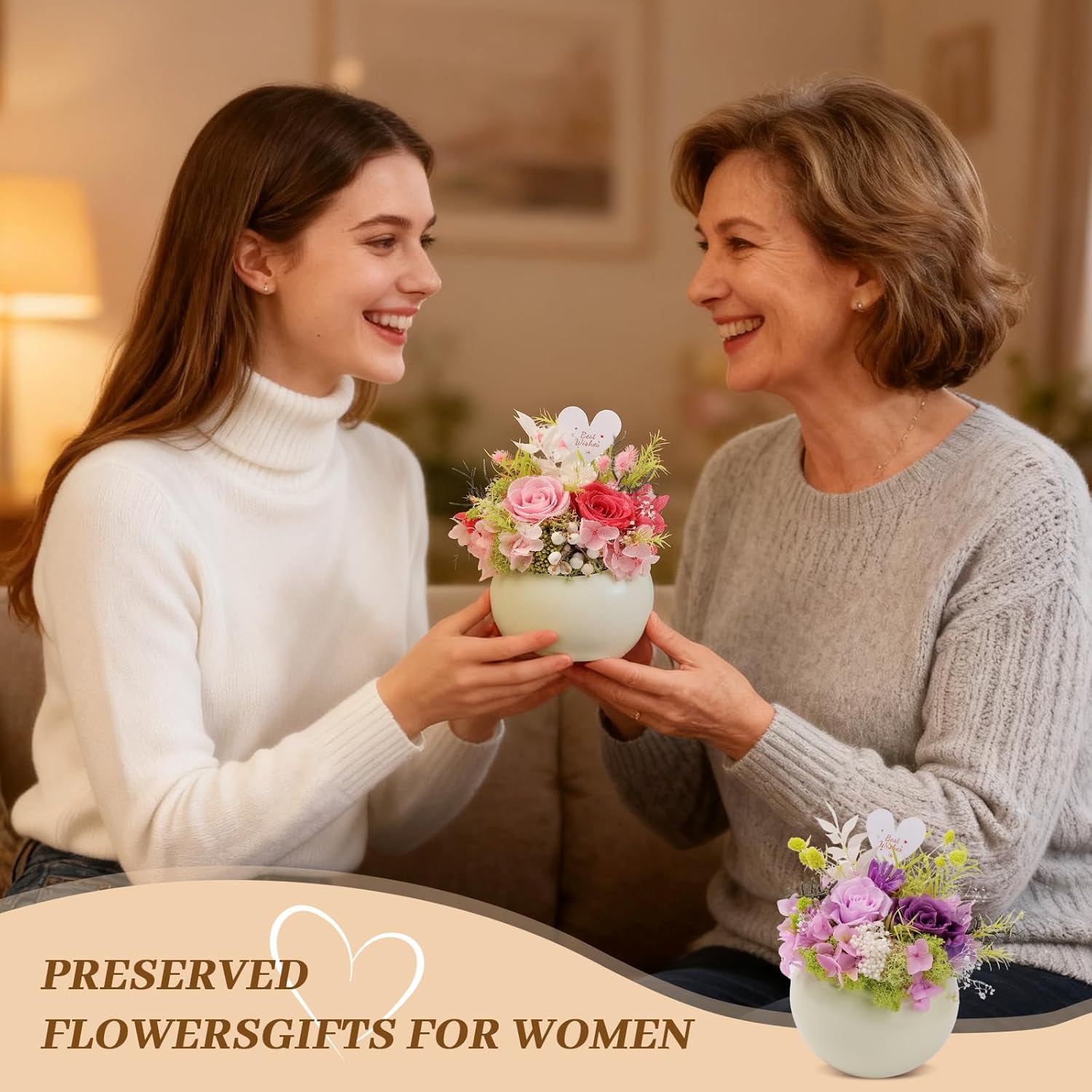 Preserved Flowers Arrangement in mini Ceramic vase Real Touch Forever Roses Gifts for Women (Pink) - Image 2