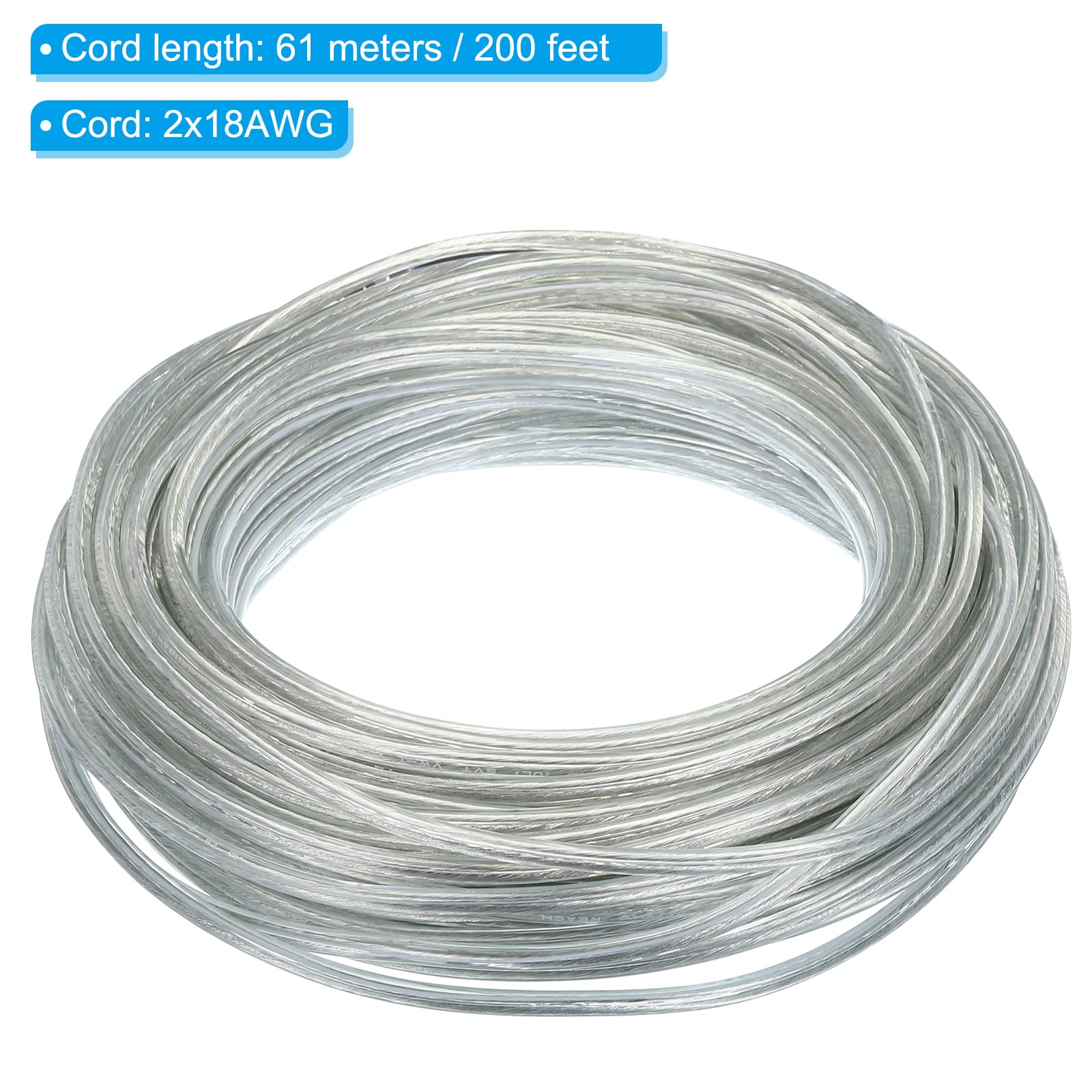 PATIKIL Cavo Coperto in PVC da 200 piedi, 18/2, 300V, Cavo per Lampada Rotonda SVT Isolato Resistente al Calore per Cavi Audio per Lampade LED, Trasparente, Certificato UL