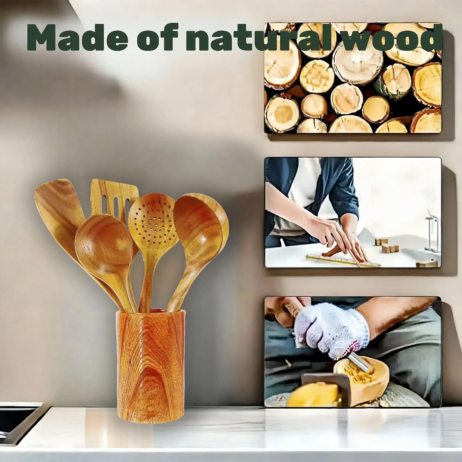 Juego de 6 cucharas de madera, utensilios de cocina de madera, ollas antiadherentes y utensilios de cocina, resistentes, ligeros y resistentes al calor