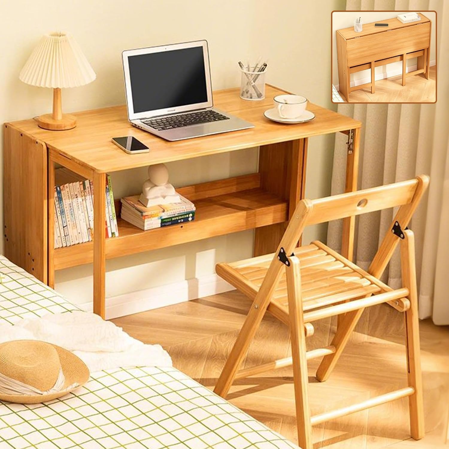 41" Bamboo Folding Desk with Bookshelf, Folding Bamboo Desk for Small Spaces, Computer Table Space Saving, Wooden Desks for Home Bedroom Study Office Bamboos Writing Desks, Primary
