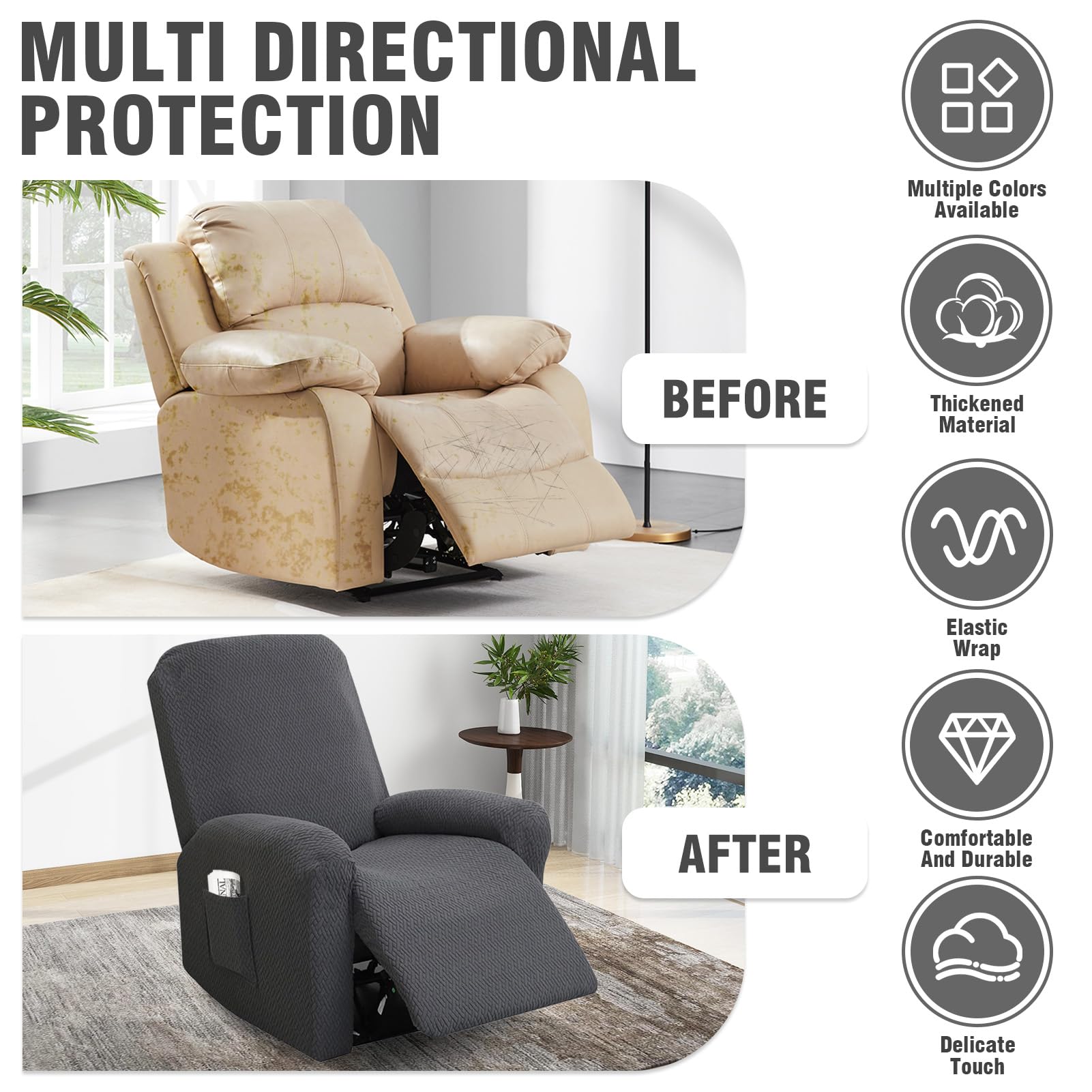 1-Sitzer Sessel Überzug, Sesselbezuge Stretch mit Taschen, All-Inclusive Streifen-Jacquard Sesselschoner für Fernsehsessel Relaxsessel Sesselhusse (Dunkelgrau, 4-Teilig)