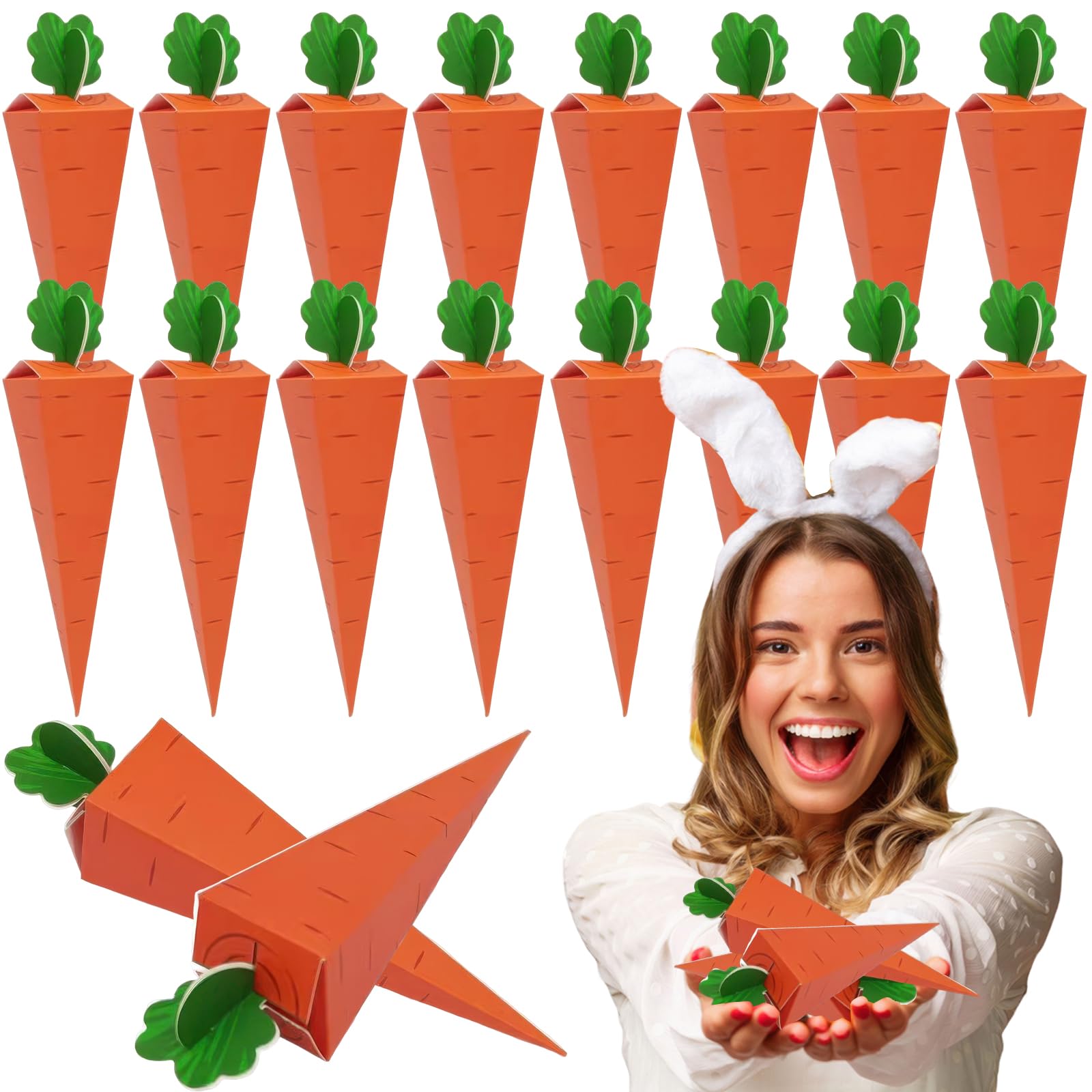 AUOCATTAIL 20 Pcs Easter Carrot Treat Boxes 3D Carrot Shaped Cookie Candy Chocolate Basket Cardboard Box Gift Container Party Favor Bags for Easter Spring Themed Birthday Party Sweet Decoration
