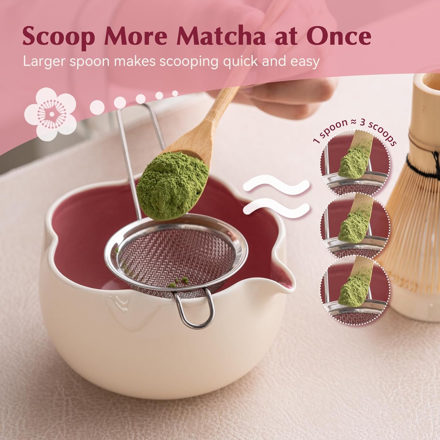 Matcha Set, 8Pcs Floral Ceramic Matcha Set with Matcha Whisk, Holder, Scoop, Scoop Rest, Sifter, Spoon and Tea Towel - Thoughtful Matcha Whisk Set Gift for Matcha Lovers (Beige & Pink) - Image 5