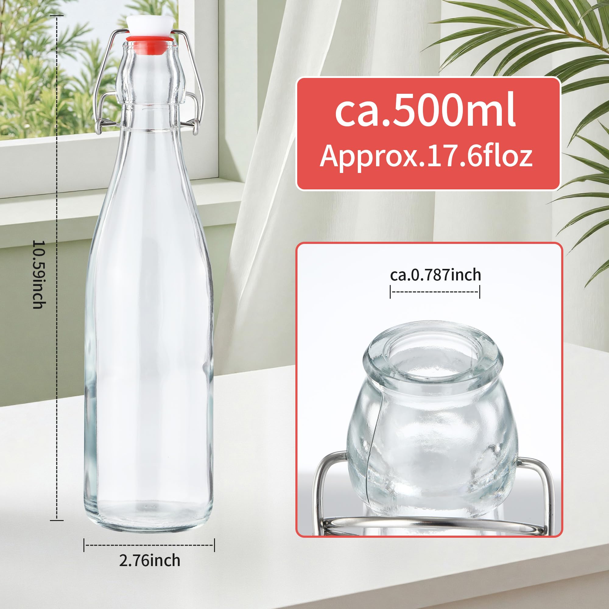 Botellas de Cristal 500ml con Tapón Hermético, 6 Botellas de Vidrio Reutilizables para Cerveza, Aceite, Vinagre